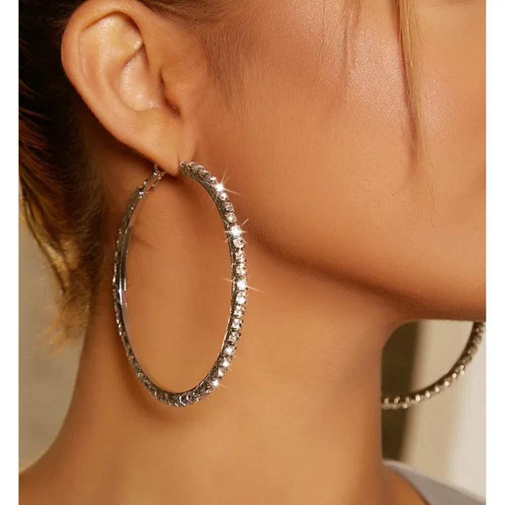 Large Silver Rhinestone Hoop Earrings Y2K Jewelry Glam Crystal Bling party - Picture 1 of 3